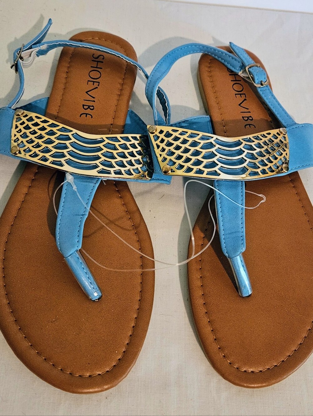 Shoe Vibe Light Blue Thong Sandals Gold Accent Ankle Strap Women's Size 8
